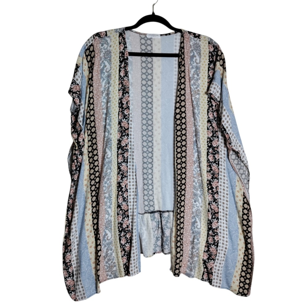 Chic Soul Mixed Floral Paisley Print Open Front Kimono Ruffle Hem Boho Cardigan